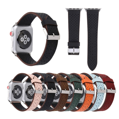 Per Apple Watch Serie 8 e 7 41 mm / SE 2 e 6 e SE e 5 e 4 40 mm / 3 e 2 e 1 38 mm Cinturino per orologio con motivo a fori in vera pelle semplice e alla moda, 38mm