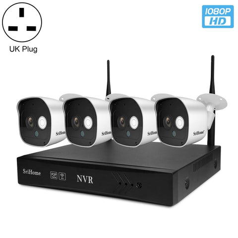 SriHome NVS002 1080P Kit NVR a 4 canali Sistema di telecamere di sicurezza wireless, Supporto rilevamento umanoidi/Rilevamento movimento/Visione notturna, Spina AU, 4-Channel