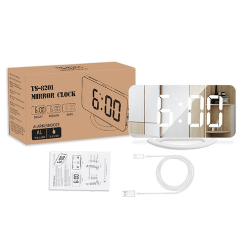 TS-8201-W Orologio da tavolo multifunzionale con specchio per trucco a LED, allarme elettronico fotosensibile automatico