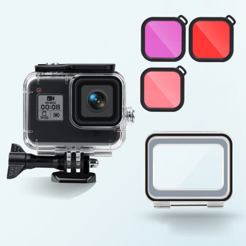 custodia-impermeabile-da-45-m-cover-posteriore-touch-filtro-obiettivo-viola-rosso-rosa-per-gopro-hero8-black-case-touch-cover-3-color-filter-for-gopro-8 - immagine 2