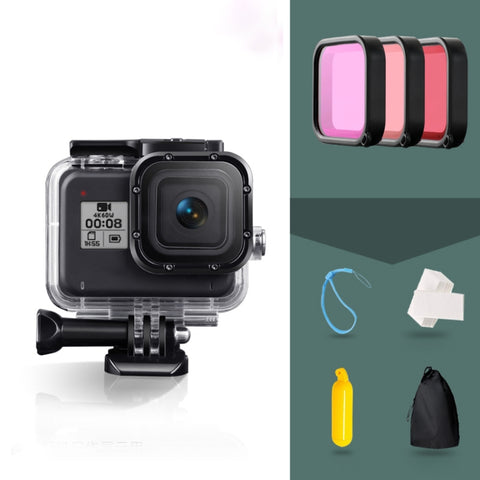 Per GoPro HERO8 Black Custodia protettiva impermeabile da 45 m con fibbia, supporto di base, viti, filtri (viola, rosso, rosa), impugnatura galleggiante, cinturino e inserti antiappannamento, Black HERO8 Case+Filters