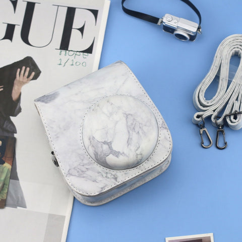Per FUJIFILM instax mini 11/9/8 Borsa per fotocamera con custodia in pelle per tutto il corpo in marmo con cinturino