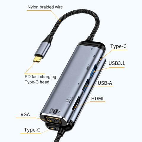 Y002 Adattatore multifunzione 6 in 1 da tipo C a VGA+HDMI+doppia USB+doppia interfaccia USB-C/tipo-C, Y002
