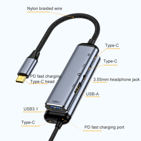 Y003 Adattatore multifunzione da USB-C/Tipo-C 5 in 1 a USB 3.1+USB2.0+Doppia USB-C/Tipo-C+interfaccia audio da 3,5 mm, Y003