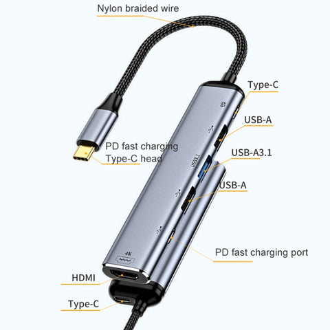 Y004 6 in 1 da USB-C/Tipo-C a HDMI+USB 3.1+Doppia USB 2.0+Doppia interfaccia USB-C/Tipo-C Adattatore multifunzione, Y004