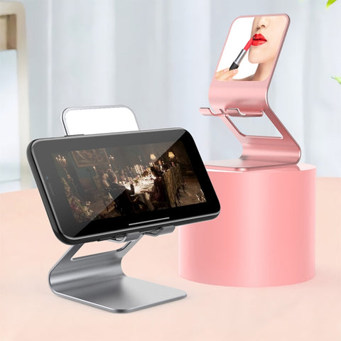 Supporto da tavolo multifunzionale universale in metallo per telefono cellulare/tablet PC con specchio per il trucco