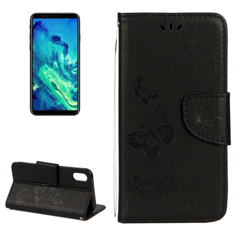 Per iPhone X / XS Custodia in pelle con chiusura orizzontale con motivo a farfalla con fiori pressati con supporto, slot per carte, portafoglio e cordino, For X