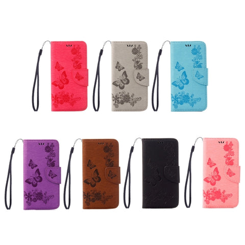 Per iPhone X / XS Custodia in pelle con chiusura orizzontale con motivo a farfalla con fiori pressati con supporto, slot per carte, portafoglio e cordino, For X