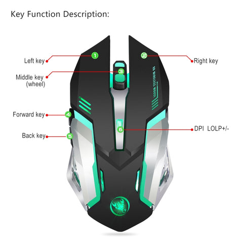 HXSJ M10 2.4GHz 6 tasti USB ricaricabile Illuminazione colorata Mouse da gioco ottico wireless ergonomico 2400 DPI per computer desktop, M10