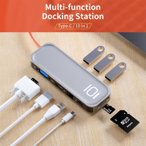 ROCK TR01 Adattatore HUB di estensione multifunzionale 10 in 1 da tipo C / USB-C a HDMI + VGA, TR01