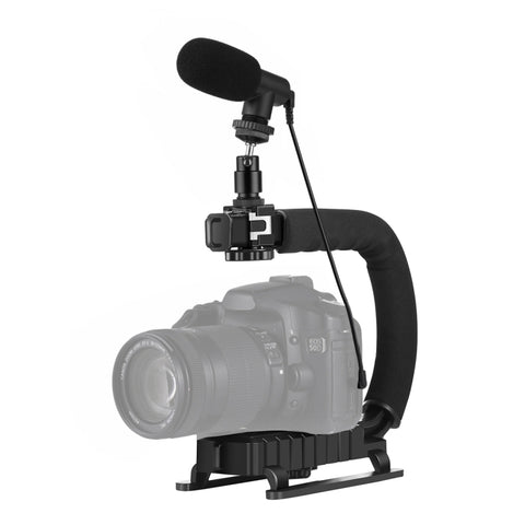 PULUZ Stabilizzatore per staffa DV portatile a forma di U/C + kit microfono per fucile video con testa per treppiede con slitta fredda per tutte le fotocamere reflex e fotocamera DV domestica, Bracket Kits + Mic