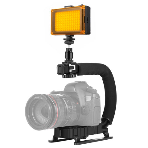 PULUZ Stabilizzatore per staffa DV portatile a forma di U/C + kit luce da studio a LED con testa per treppiede con slitta fredda per tutte le fotocamere reflex e fotocamera DV domestica, Bracket Kits + LED