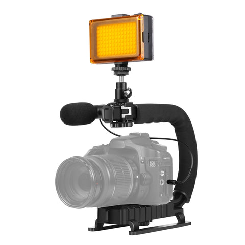PULUZ Stabilizzatore per staffa DV portatile a forma di U/C + luce da studio a LED + kit microfono per fucile video con testa per treppiede con slitta fredda per tutte le fotocamere reflex e fotocamera DV domestica, Bracket + Mic + LED(AE)