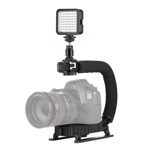PULUZ Stabilizzatore per staffa DV portatile a forma di U/C + kit di luce di riempimento a LED con testa per treppiede con slitta fredda per tutte le fotocamere reflex e fotocamere DV domestiche, C-Shaped Bracket + Fill Light