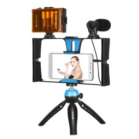 PULUZ 4 in 1 Vlogging Live Broadcast LED Selfie Light Kit di attrezzatura video per smartphone con microfono + supporto per treppiede + testa per treppiede con slitta fredda per iPhone, Galaxy, Huawei, Xiaomi, HTC, LG, Google e altri smartphone