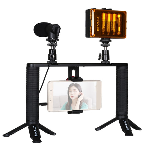 PULUZ 4 in 1 Vlogging Trasmissione dal vivo LED Selfie Light Smartphone Video Rig Maniglia Stabilizzatore Kit staffa in alluminio con microfono + Supporto per treppiede + Testa per treppiede con slitta fredda, Aluminum Bracket Kits