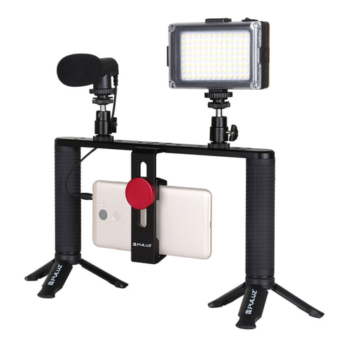 PULUZ 4 in 1 Vlogging Trasmissione dal vivo LED Selfie Light Smartphone Video Rig Maniglia Stabilizzatore Kit staffa in alluminio con microfono + Supporto per treppiede + Testa per treppiede con slitta fredda, Aluminum Bracket Kits