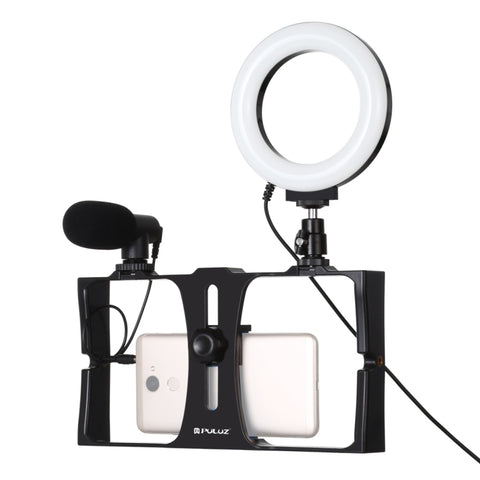 PULUZ 3 in 1 Vlogging Live Broadcast Smartphone Video Rig + Microfono + Kit di luce selfie LED ad anello da 4,7 pollici 12 cm con testa per treppiede con slitta fredda per iPhone, Galaxy, Huawei, Xiaomi, HTC, LG, Google e altri smartphone, 3 in 1 Ring LED