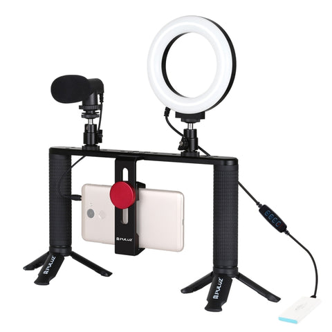 PULUZ 4 in 1 Vlogging Trasmissione dal vivo 4,7 pollici 12 cm Anello LED Selfie Light Smartphone Video Rig Maniglia Stabilizzatore Kit staffa in alluminio con microfono + Supporto per treppiede + Testa per treppiede con slitta fredda