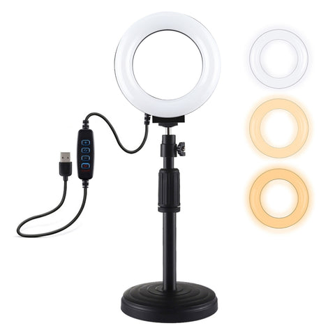 Supporto da tavolo con base rotonda PULUZ + luce video vlogging ad anello LED dimmerabile da 4,7 pollici 12 cm 3 modalità, altezza regolabile: 15,5 cm-25,5 cm, Desktop Mount+4.7 inch