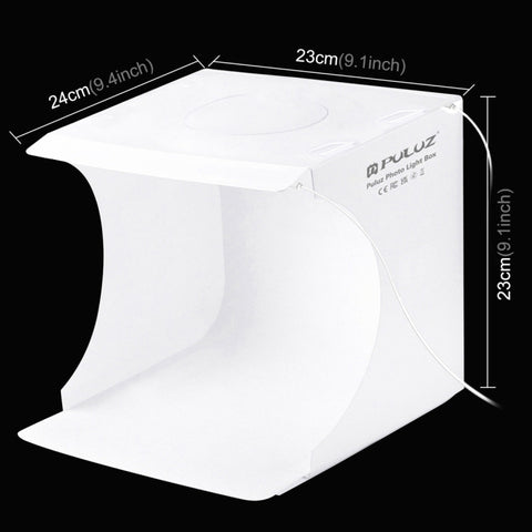 PULUZ 20 cm include 2 pannelli LED pieghevoli portatili 1100LM luce illuminazione fotografica kit tenda da studio con fondali a 6 colori (nero, bianco, giallo, rosso, verde, blu), dimensioni da aperto: 24 cm x 23 cm x 23 cm, 20cm(2 LED/RU), 20cm(2 LED)