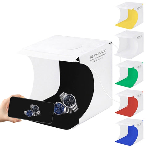 PULUZ 20 cm include 2 pannelli LED pieghevoli portatili 1100LM luce illuminazione fotografica kit tenda da studio con fondali a 6 colori (nero, bianco, giallo, rosso, verde, blu), dimensioni da aperto: 24 cm x 23 cm x 23 cm, 20cm(2 LED/RU), 20cm(2 LED)