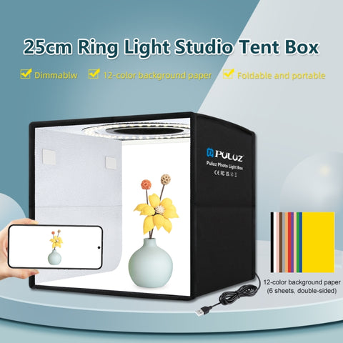 PULUZ 25 cm pieghevole portatile alta 97 CRI luce anulare illuminazione fotografica studio tenda da tiro con 12 colori fondali, dimensioni: 25 cm x 25 cm x 25 cm, 25cm High CRI Box, 25cm High CRI Box US