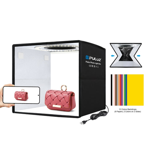 PULUZ 25 cm pieghevole portatile alta 97 CRI luce anulare illuminazione fotografica studio tenda da tiro con 12 colori fondali, dimensioni: 25 cm x 25 cm x 25 cm, 25cm High CRI Box, 25cm High CRI Box US