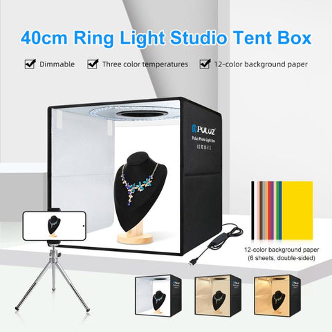 PULUZ 40 cm Pieghevole Luce Anulare Portatile USB Illuminazione Fotografica Tenda da Studio con 6 Fondali Colorati su Doppio Lato, Dimensioni: 40 cm x 40 cm x 40 cm, 40cm Box Black RU, 40cm