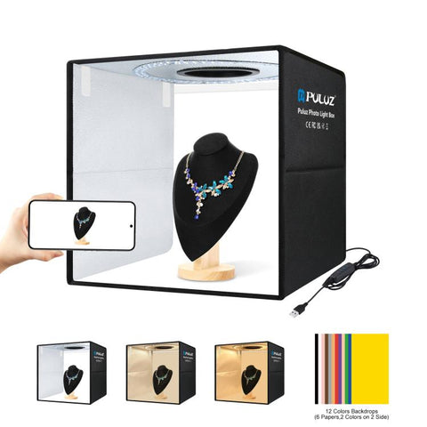 PULUZ 40 cm Pieghevole Luce Anulare Portatile USB Illuminazione Fotografica Tenda da Studio con 6 Fondali Colorati su Doppio Lato, Dimensioni: 40 cm x 40 cm x 40 cm, 40cm Box Black RU, 40cm