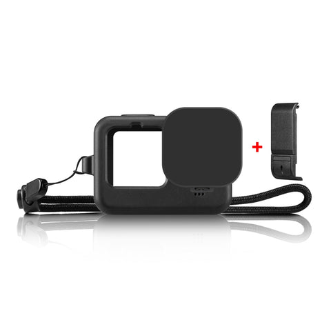 PULUZ per GoPro HERO12 Nero/11 Nero/10 Nero/9 Nero Custodia protettiva in silicone + Copertura interfaccia laterale POM con cinturino da polso e copriobiettivo, For GoPro HERO12 Black Silicone Case + Side Cover