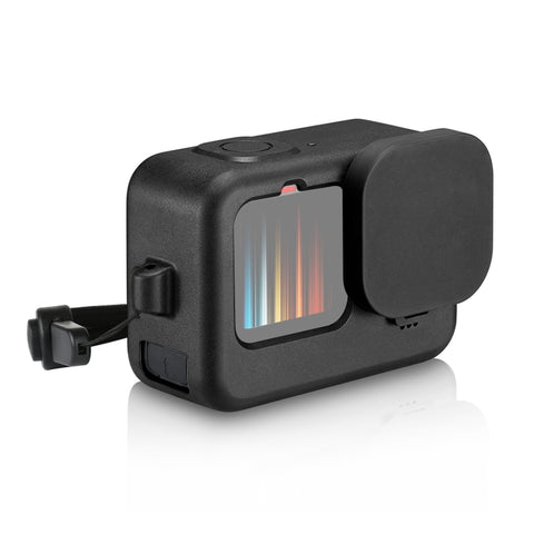 PULUZ per GoPro HERO12 Nero/11 Nero/10 Nero/9 Nero Custodia protettiva in silicone + Copertura interfaccia laterale POM con cinturino da polso e copriobiettivo, For GoPro HERO12 Black Silicone Case + Side Cover