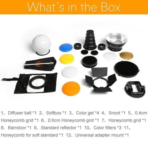 Falcon Eyes SG-100 Speedlite Kit di accessori, supporto adattatore universale / Barndoor / Snoot / Honeycomb / Riflettore standard / Honeycomb per riflettore morbido / Sfera diffusore / Gel colorato / Softbox