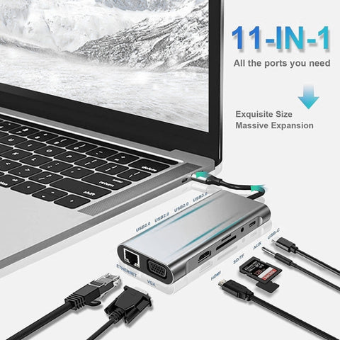 HUB USB C 11 in 1 con HDMI 4K, VGA, PD, USB 3.0, Ethernet e lettore