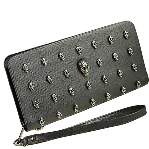 borse-da-polso-da-donna-in-pelle-con-portafoglio-con-teschio-in-metallo-metal-skull-wallet - immagine 1