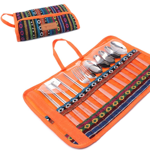 Stoviglie da esterno Completo da 12 pezzi Bacchette portatili in acciaio inossidabile Coltello Forchetta Cucchiaio Forniture Borsa da picnic