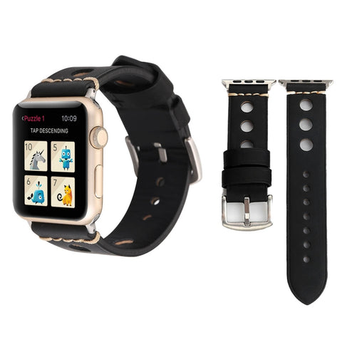 Per Apple Watch Serie 7 45mm / 6 e SE e 5 e 4 44mm / 42mm 3 e 2 e 1 cinturino per orologio in vera pelle con foro retrò, For 42mm
