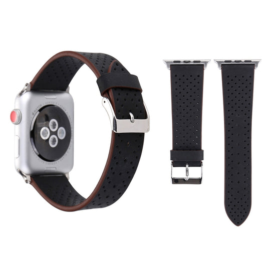 Per Apple Watch Serie 8 e 7 41 mm / SE 2 e 6 e SE e 5 e 4 40 mm / 3 e 2 e 1 38 mm Cinturino per orologio con motivo a fori in vera pelle semplice e alla moda, 38mm