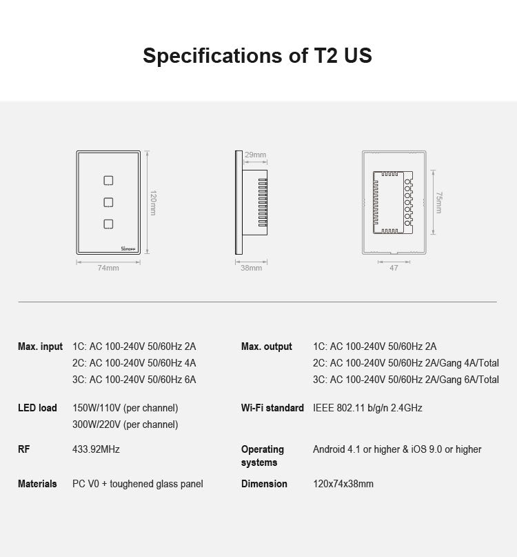 Sonoff T2 Touch 120mm Tempered Glass Panel Wall Switch Smart Home Light Touch Switch, Compatible with Alexa and Google Home, AC 100V-240V, US Plug      ...