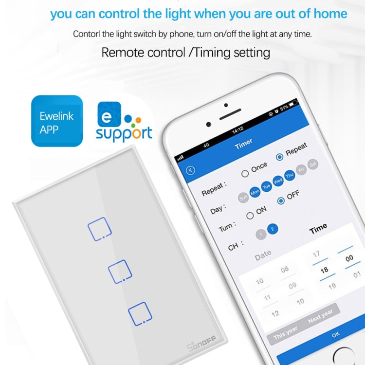 Sonoff T2 Touch 120mm Tempered Glass Panel Wall Switch Smart Home Light Touch Switch, Compatible with Alexa and Google Home, AC 100V-240V, US Plug      ...