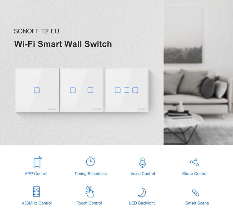 Sonoff T2 Touch 86mm Tempered Glass Panel Wall Switch Smart Home Light Touch Switch, Compatible with Alexa and Google Home, AC 100V-240V, EU Plug       ...