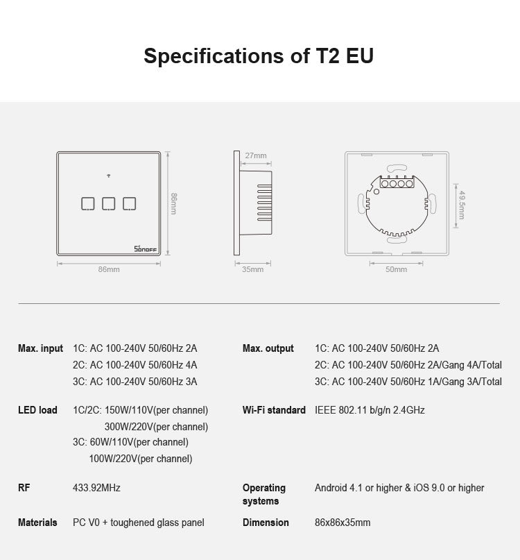Sonoff T2 Touch 86mm Tempered Glass Panel Wall Switch Smart Home Light Touch Switch, Compatible with Alexa and Google Home, AC 100V-240V, EU Plug       ...
