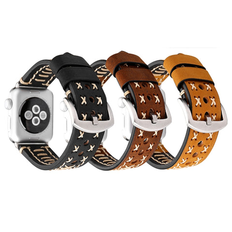 Per Apple Watch Ultra 49mm / Serie 8 e 7 45 mm / SE 2 e 6 e SE e 5 e 4 44 mm / 3 e 2 e 1 42 mm Cinturino per orologio in vera pelle con motivo a linea manuale, For 42mm