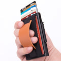 X-32C Automatically Pop-up Card Type Anti-magnetic RFID Anti-theft Men Aluminum Alloy A Dial Button Elastic Bag Wallet with PU Leather Strap            ...