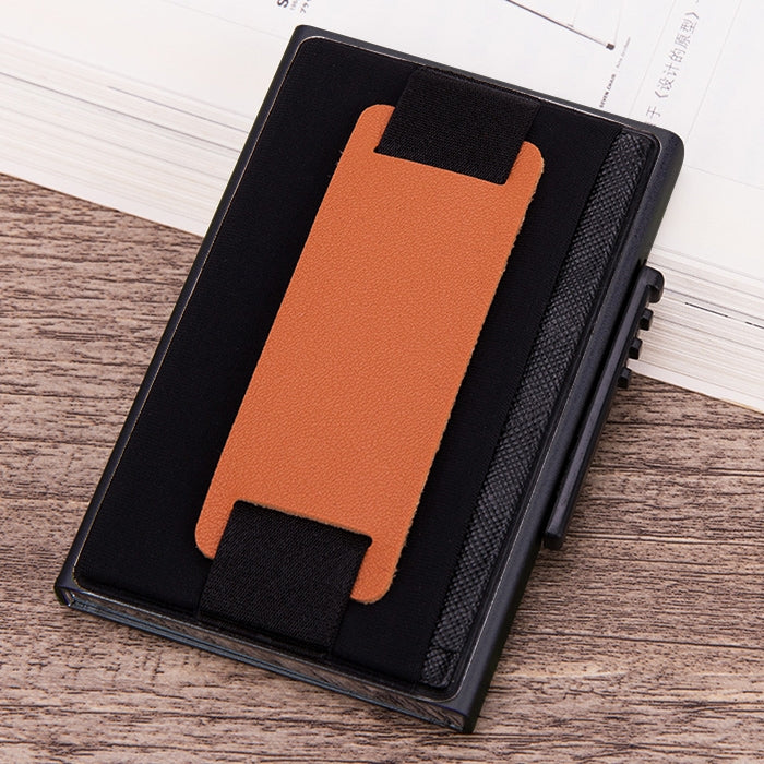 X-32C Automatically Pop-up Card Type Anti-magnetic RFID Anti-theft Men Aluminum Alloy A Dial Button Elastic Bag Wallet with PU Leather Strap            ...