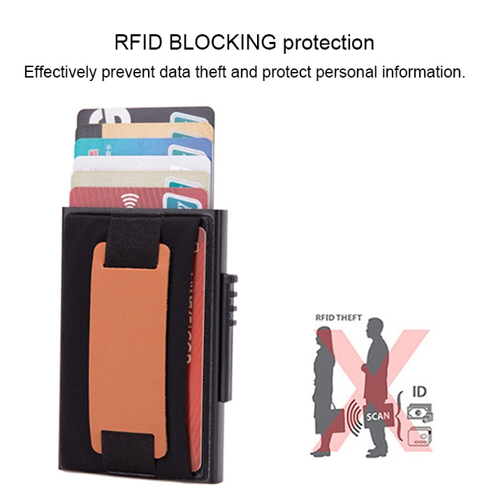 X-32C Automatically Pop-up Card Type Anti-magnetic RFID Anti-theft Men Aluminum Alloy A Dial Button Elastic Bag Wallet with PU Leather Strap            ...