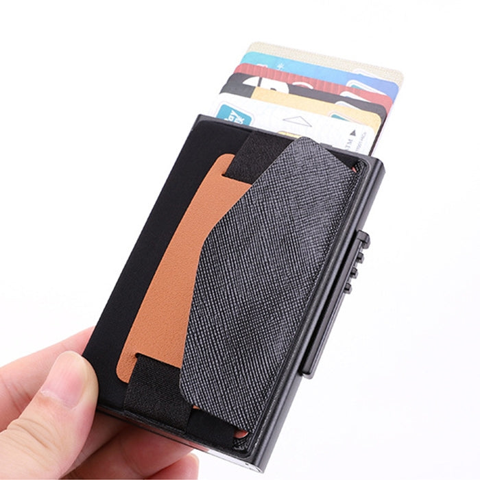 X-32C Automatically Pop-up Card Type Anti-magnetic RFID Anti-theft Men Aluminum Alloy A Dial Button Elastic Bag Wallet with PU Leather Strap            ...