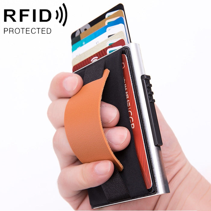 X-32C Automatically Pop-up Card Type Anti-magnetic RFID Anti-theft Men Aluminum Alloy A Dial Button Elastic Bag Wallet with PU Leather Strap            ...