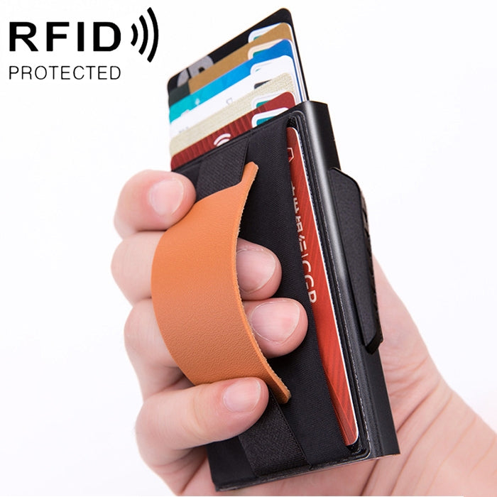 X-32C Automatically Pop-up Card Type Anti-magnetic RFID Anti-theft Men Aluminum Alloy B Dial Button Elastic Bag Wallet with PU Leather Strap            ...