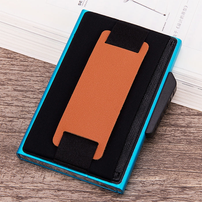 X-32C Automatically Pop-up Card Type Anti-magnetic RFID Anti-theft Men Aluminum Alloy B Dial Button Elastic Bag Wallet with PU Leather Strap            ...